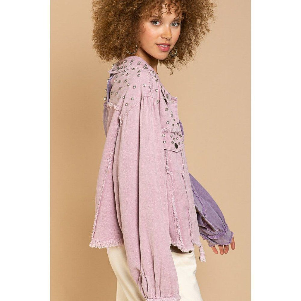POL CLOTHING Lilac Pink Pearl Diamond Studded Half and Half Denim Jacket FWJ160A - Picture 4 of 12